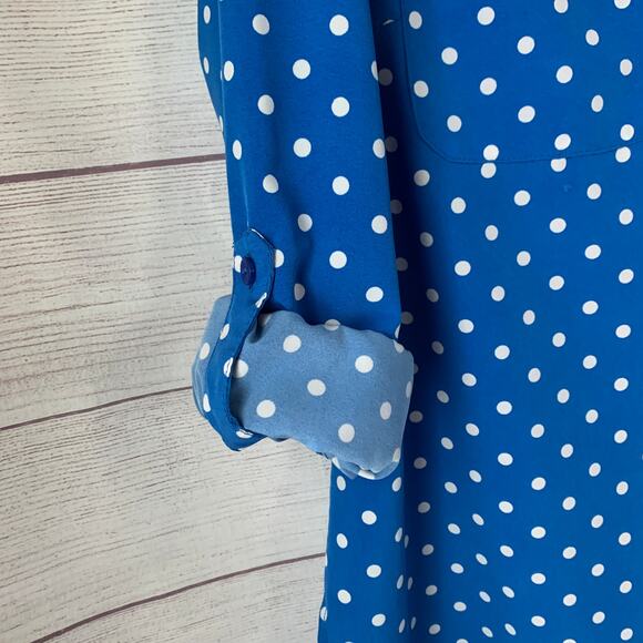Studio Works Blue and White Polka Dot Button Down Shirt Roll Tab Long Sleeve - Picture 13 of 16